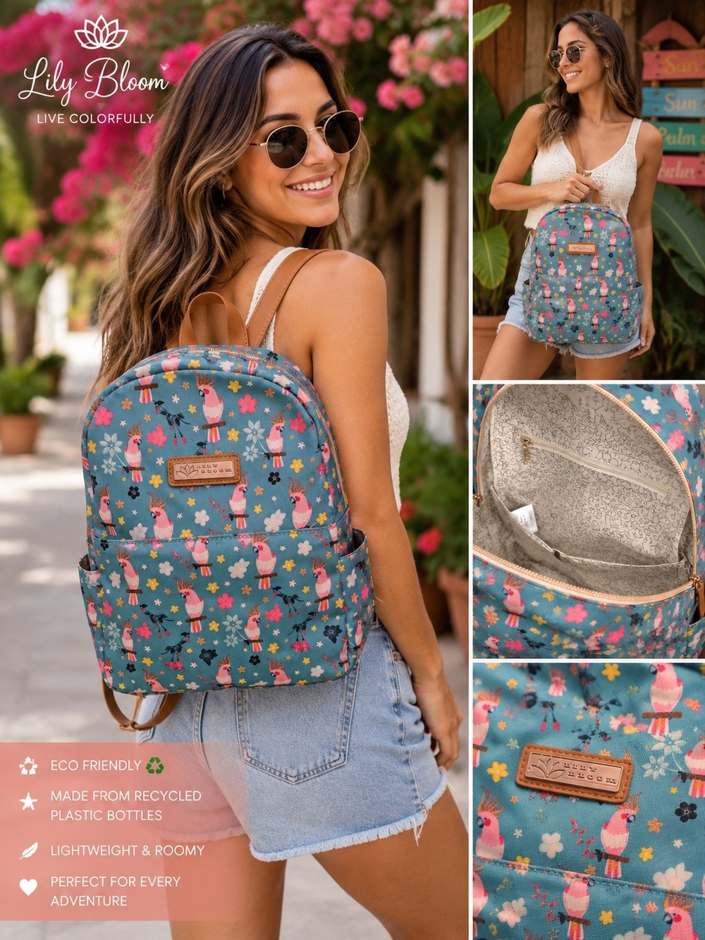 Lily Bloom Parrots In Paradise Eden Backpack Tropical Bird Print Eco Friendly